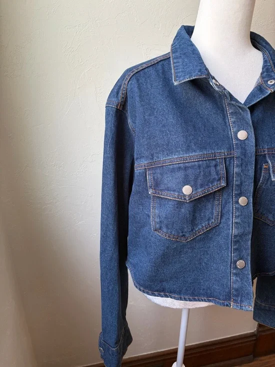 Velvet Heart Denim Cropped Jacket Dark Wash Button Front Shirt Jacket Size L - Picture 5 of 12